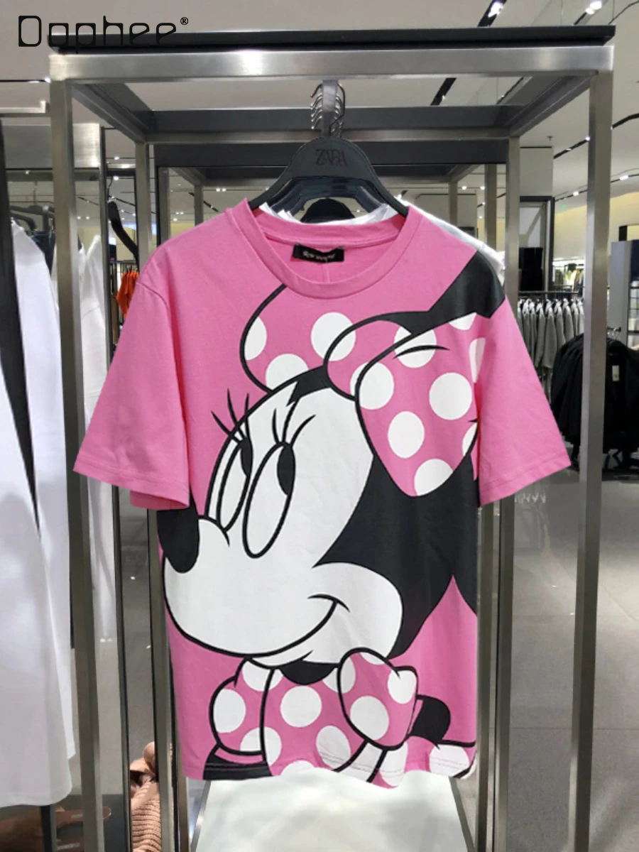 

Sweet Pink T-shirt Women 2022 Summer New Cartoon Printed Short-Sleeved T-shirt Female Girly Style Casual Pullovers Tee Top