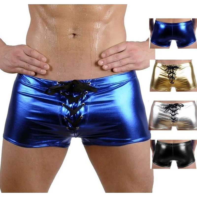 Men's Sexy Boxer Briefs PU Patent Leather Shorts Clothing Stage Clubwear