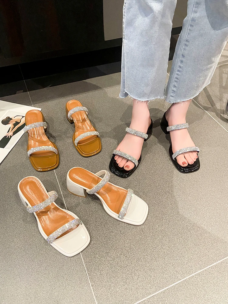 

Шлепанцы женские на квадратном каблуке, роскошные дизайнерские сандалии средней высоты, резина, полиуретан, лето 2022