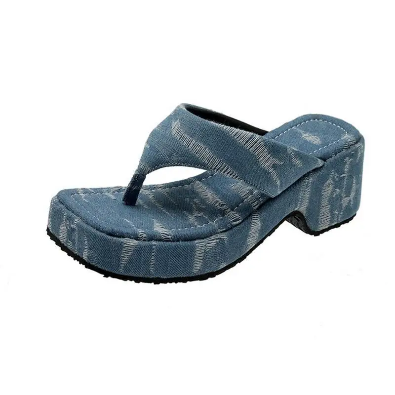 Summer New Herringbone Denim Platform High Heel Slippers Women's Platform Height Increasing Beach Shoes Wedge Slip-on Sandals