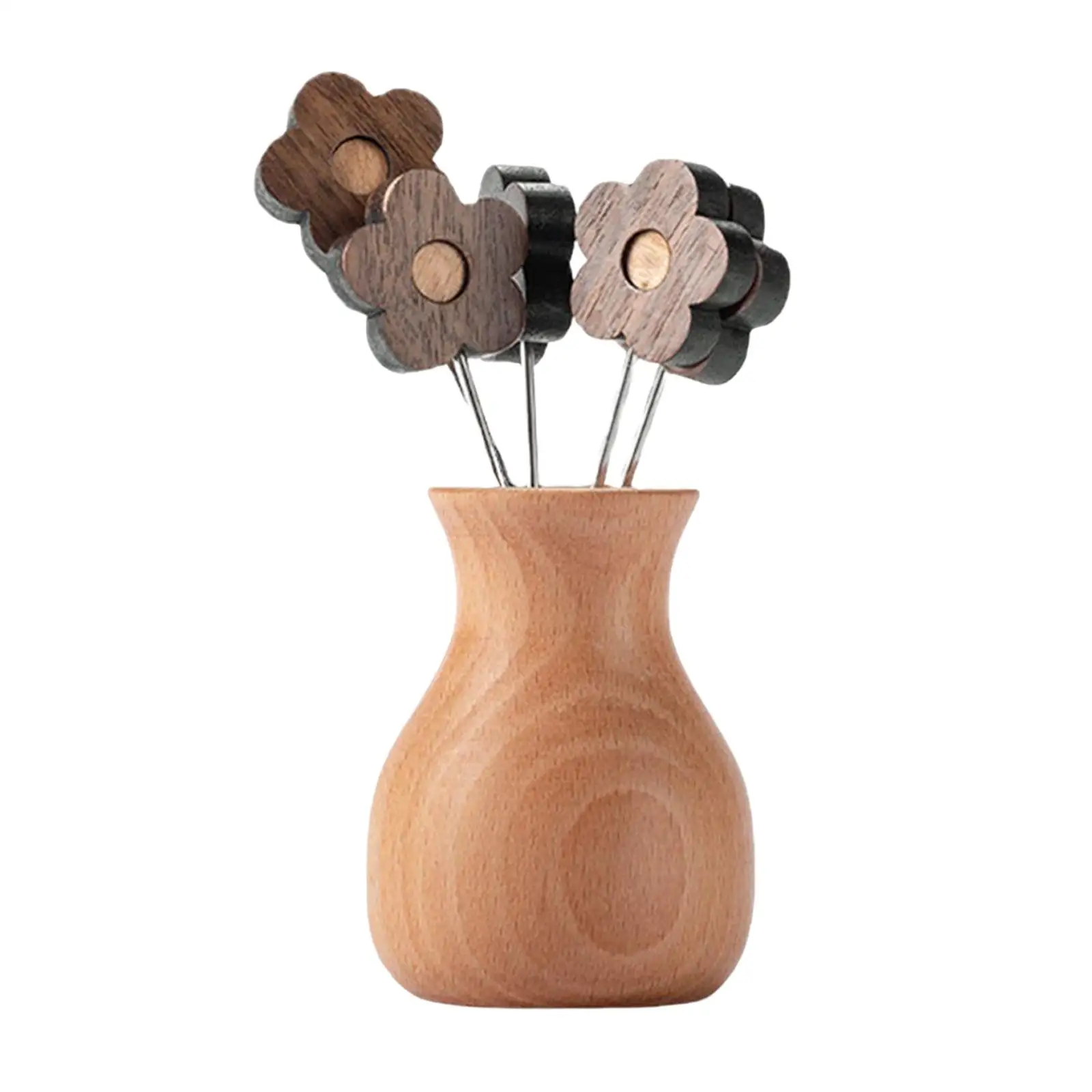 

Cute Fruit Fork Set Toothpicks Pick with Holder Ornament Wood Reusable for Children Dessert Salad Cake