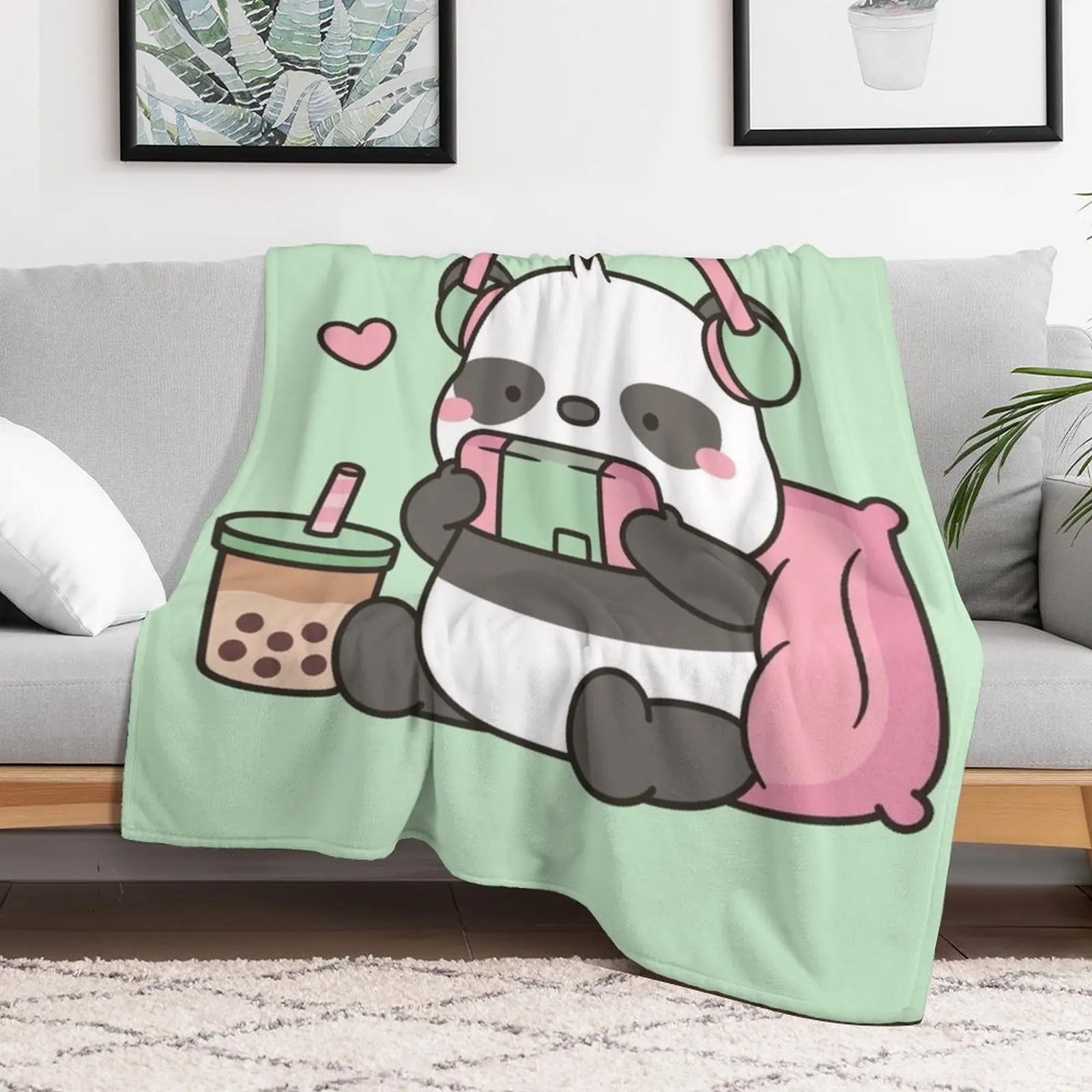 Милая маленькая панда-геймер с наушниками пледы декоративные кровати аниме