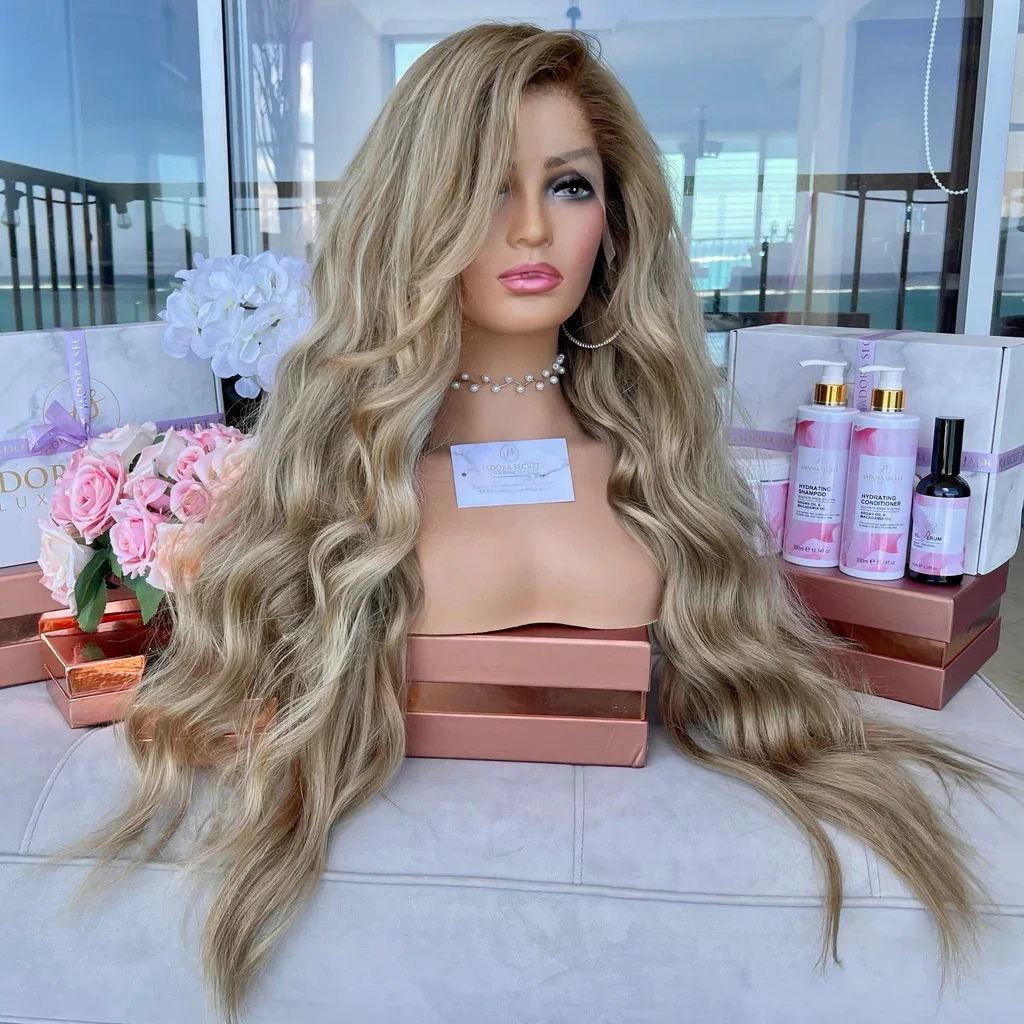 

28" Creamy Blonde Lace Front Wig Ash Blonde Roots Natural Wave Highlights Human Hair Wig Free Style Preplucked Hairline 200%