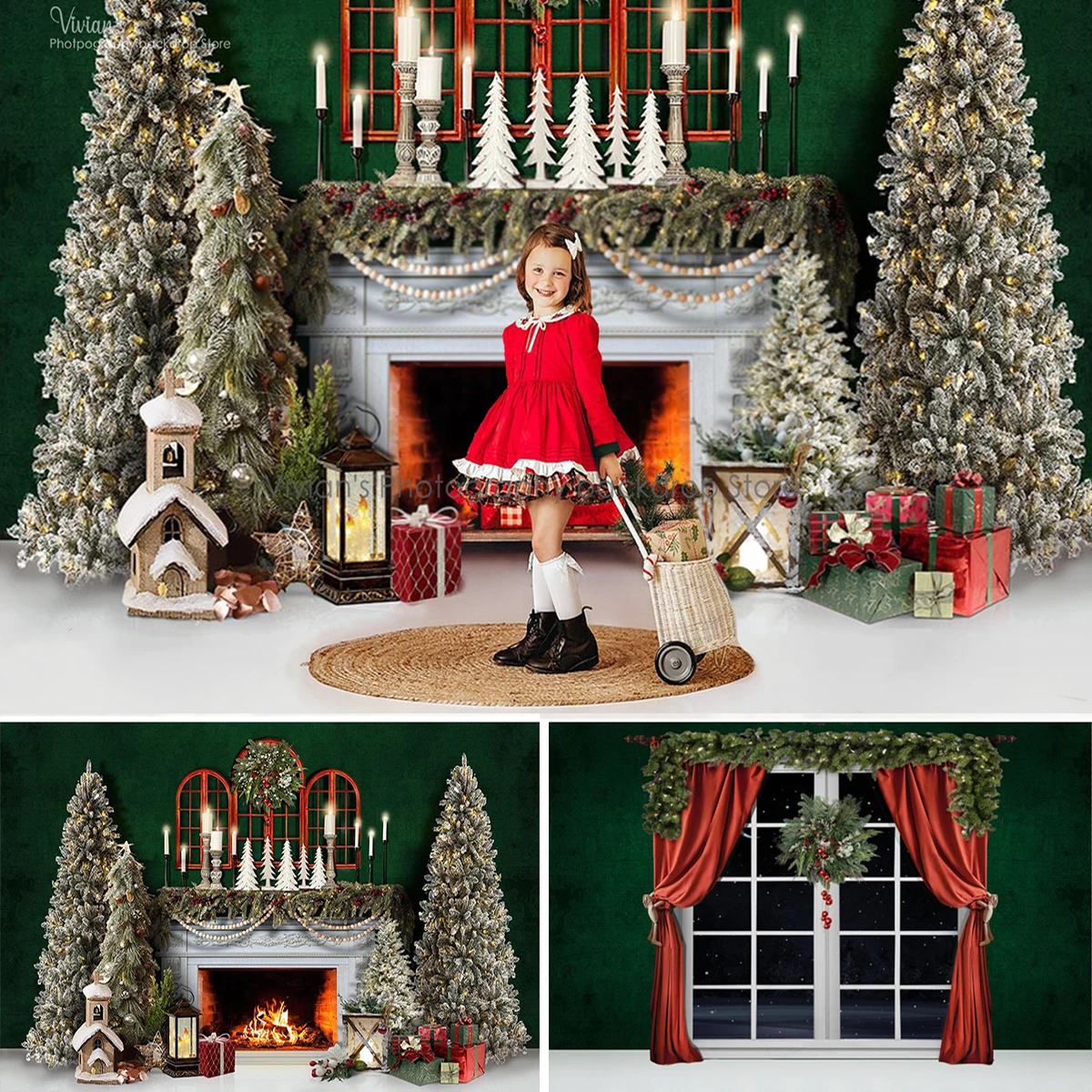 

Winter Christmas Backdrop Child Baby Portrait Forest Photography Photocall Snowflake Window Fireplace Decor Kids Photostudio