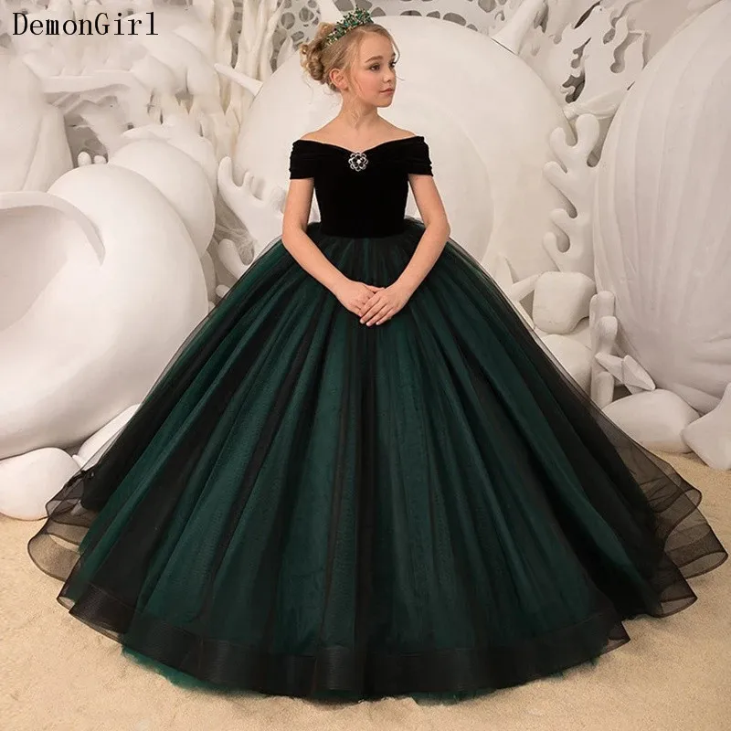 

New Deep Green Flower Girl Dress Wedding Party Black Velvet Top Ball Gown Off the Shoulder Pageant Gown Prom Birthday Dress