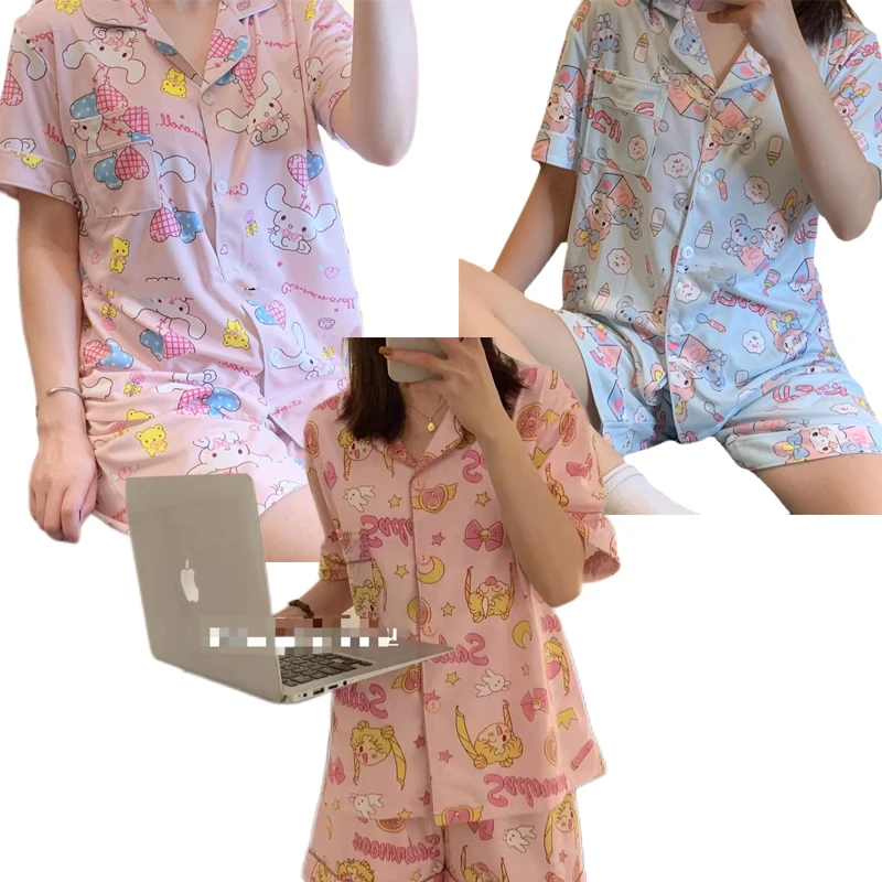 

Hello Kitty Cinnamoroll Sleepwear Cartoon Winnie Stitch Sanrio Pajamas Women Short-Sleeved Shorts Cardigan Home Service Suit