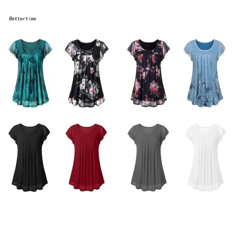 

B36D Women Ruffle Short Sleeve Floral Mesh Shirt Crew Neck Pleated Chiffon Blouses