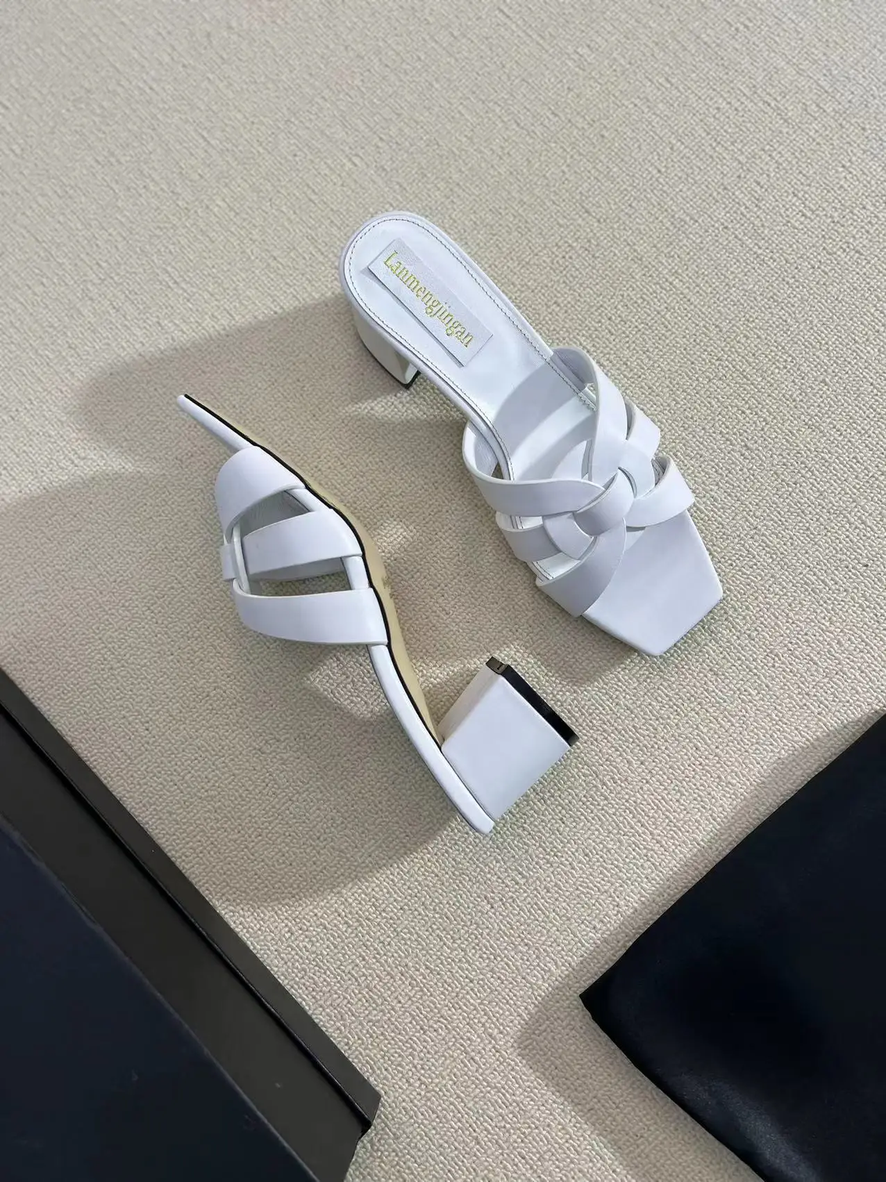 Fashion square head high heel full leather slippers, cowhide upper, sheepskin lining, comfortable women's shoes, summer sandals