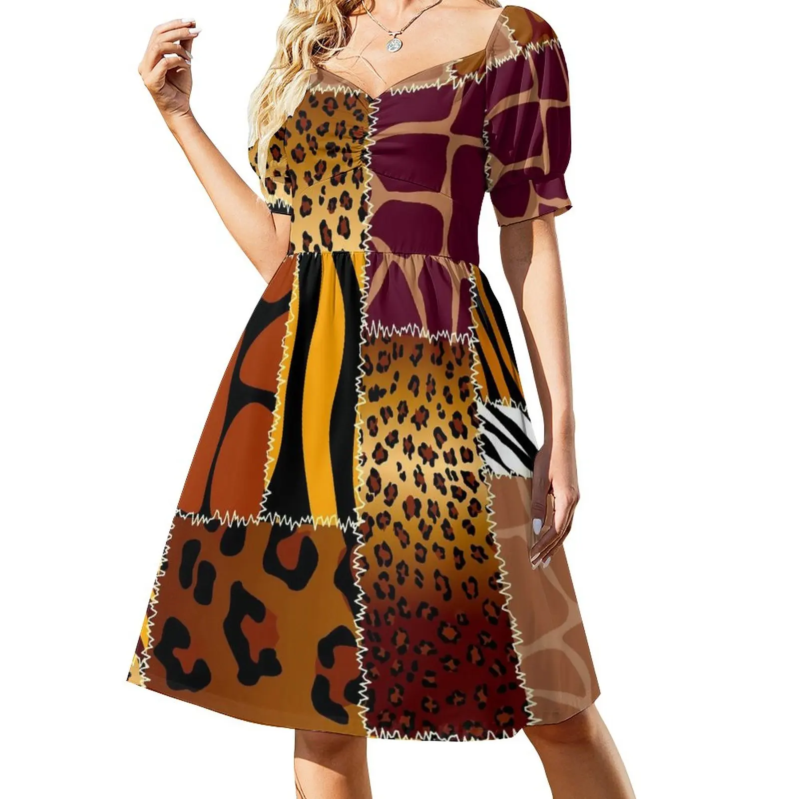 

Animal Patchwork Print Casual Dress Retro Aesthetic Dresses Sexy V Neck Trendy Pattern Dress Big Size 4XL 5XL