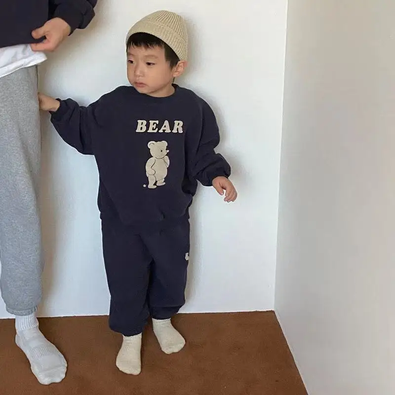 

0-3y Boy New Casual Set Baby Cute Bear Print Full Sleeves Sweatshirts + Girl Simple Solid Loose Cotton Pants 2pc Sports Suit