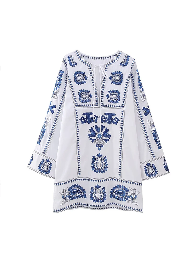 

Summer Floral Embroidery Mini Dresses For Women Newest Female Casual V-Neck Long Sleeve Contrast Color Chic Loose Dress