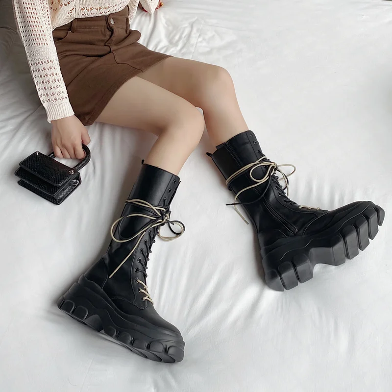Brand New Ladies Hot Cross-tied HeelsPlatform Boots Genuine Leather WomanShoes Fashion FemaleMotorcycles Boots Shoes for Women