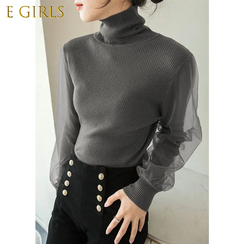 

E GIRLS Korean Mesh Patchwork Long Sleeve Pullover Knitwear 2020 Autumn Winter Turtleneck Knitted Tops Women Sweater
