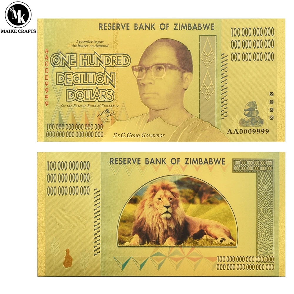 

Zimbabwe One Hundred Decillion Dollars Gold Foil Banknote with UV Lion Money Collection Holiday Gift