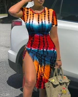 summer womens fashion tie dyed color printed tight dress 2022 new o neck short sleeve high waist split dress casual