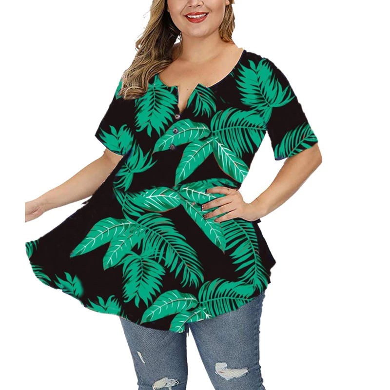 2022 Fashion Women Plus Size Floral Print Tunic Tops Buttoned Pleated Short Sleeve Big Size Ladies Clothing Grande Taille Femme