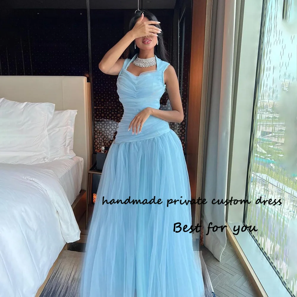 

Sky Blue Tulle Mermaid Saudi Arabic Evening Dresses Halter Pleats Long Dubia Arabia Formal Dress Floor Length Prom Party Gowns