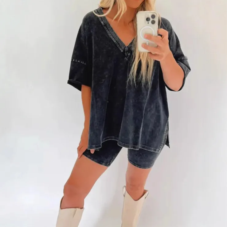 Модный комплект из 2 предметов с v-образным вырезом и короткими рукавами женский