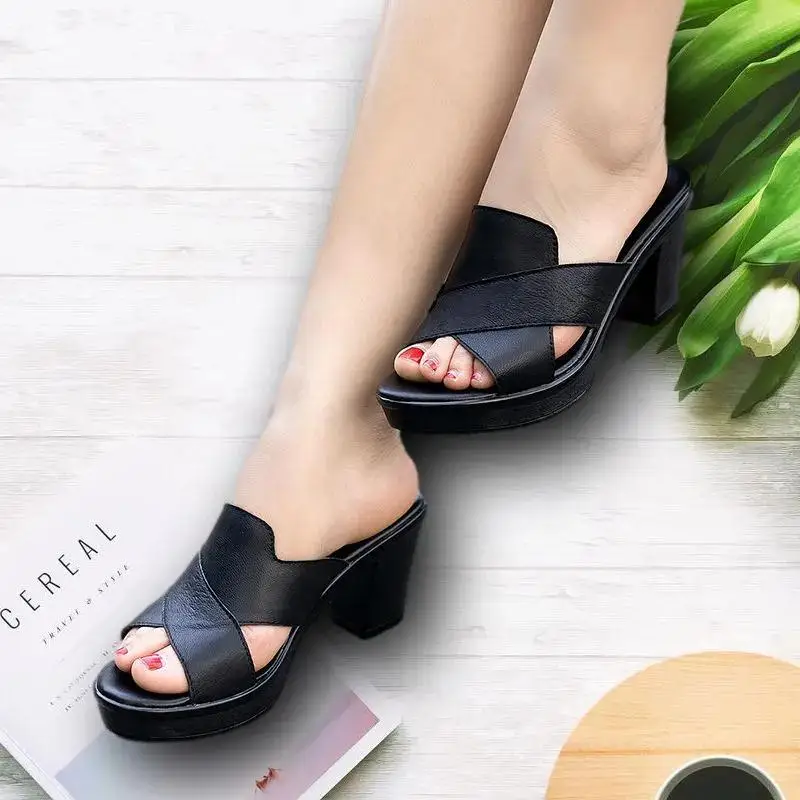 

New Cross Strap Square Heel Slippers Women's Single Shoes Women Sandals Summer Fashion Peep Toe Slides Lightweight Casual Shoes