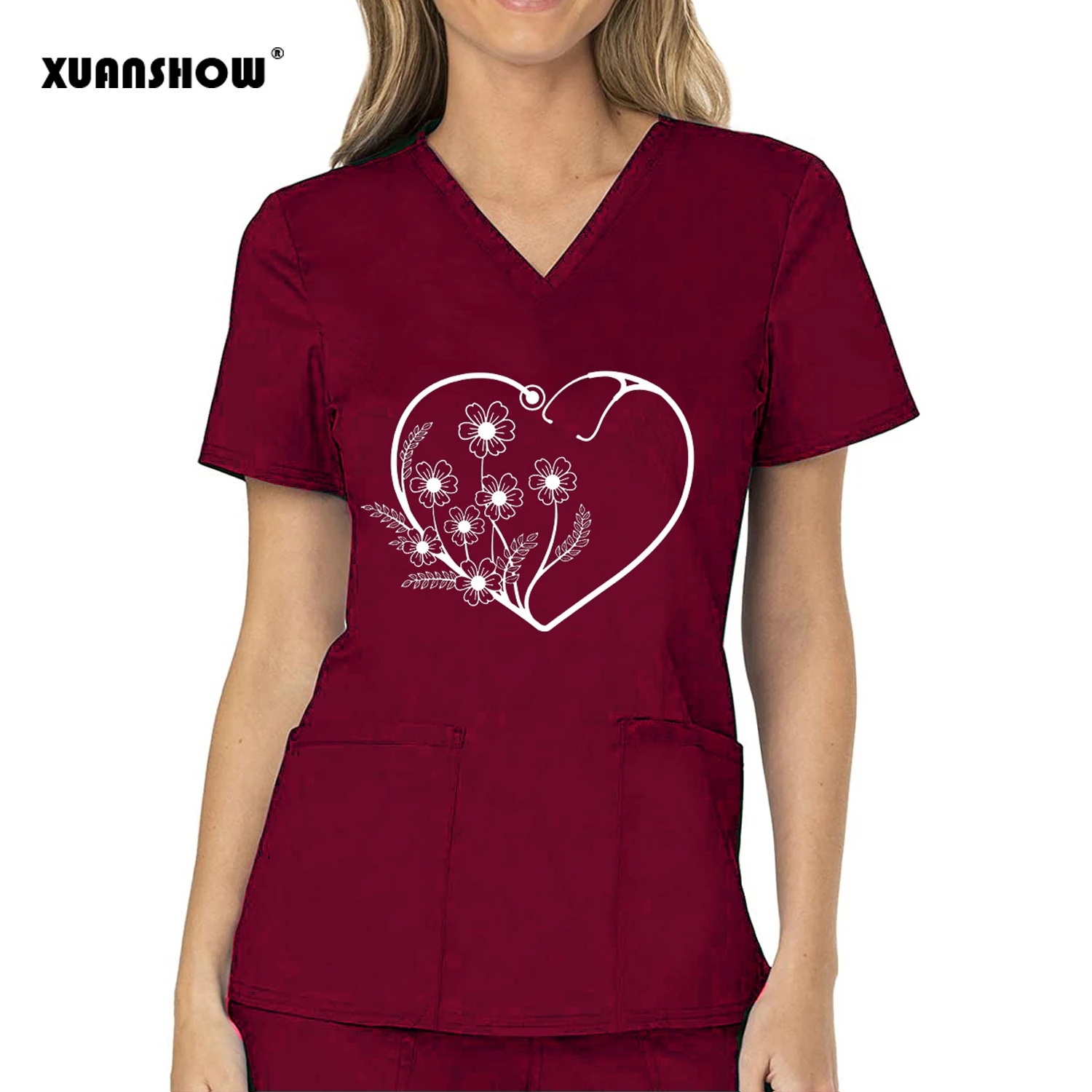 XUANSHOW New Fashion Women T-shirt V-neck Love Graphics Print Shirt V-neck Pockets Short-sleeved T-shirts