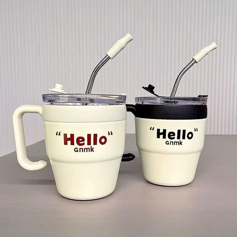 

Cute Coffee Thermal Cup Thermos Mug Stainless Steel Cup With Straw Lid For Hot Cold Drinks Water Tea Milk Portable Bottle