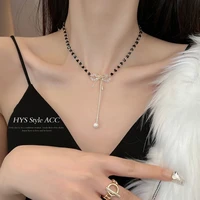 trendy black crystal bow pendant necklace for women wedding jewelry luxury charm clavicle chain for girl fashion neck chain gift