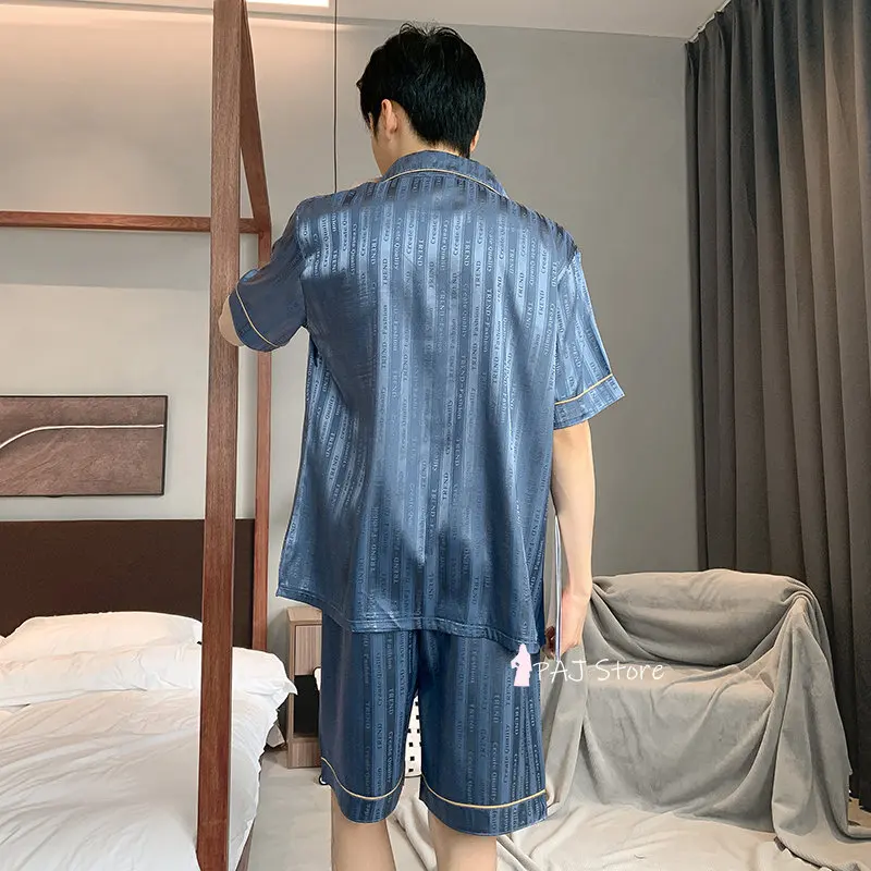 1 Set Men Silk Pajama set Big Size Sleepwear Summer Short Sleeved Home Wear Silk Pajamas Set for Homewear Pj Set M-5XL