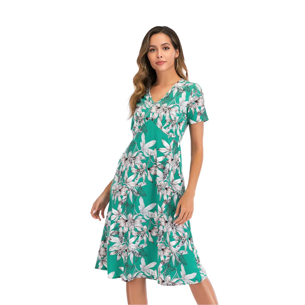 

Chiffon Floral Print Casual Beach Dress for Women V Neck Short Sleeve Bohemia Dresses Summer High Waist Slim Pleated Midi Dress