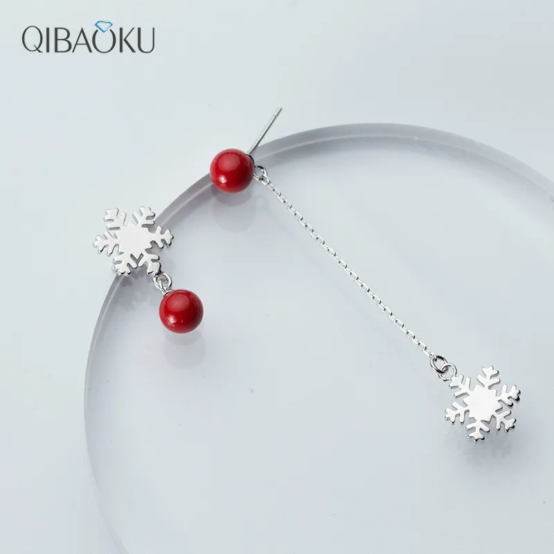 

925 Sterling Silver Ear Stud Earrings Asymmetric Snowflake Christmas For Women Korean Red Synthetic Pearl Ear Jewelry Wholesale