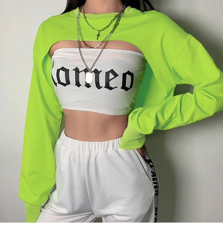 Неоново-Зеленый Спортивный свободный осенний худи укороченные толстовки с