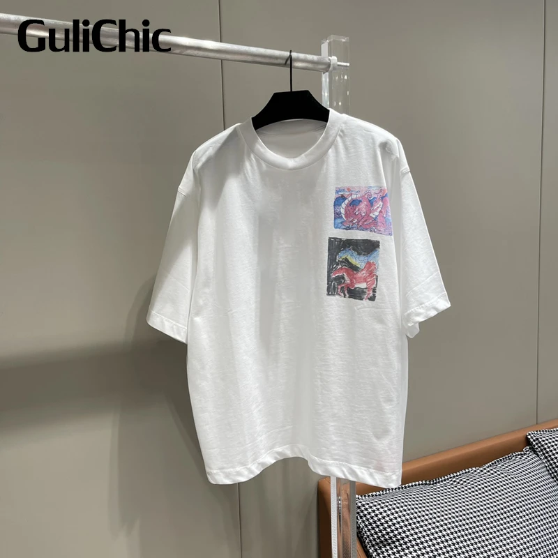 

2.6 GuliChic Women Casual Fashion Contrast Color Letter Print Pattern Loose Casual T-Shirt