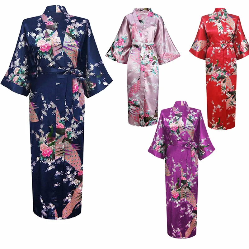 2022Plus Size Sexy Bride Bridesmaid Women Long Robe Print Flower Peacock Kimono Sleepwear Female Nightgown Satin Silk Yukata