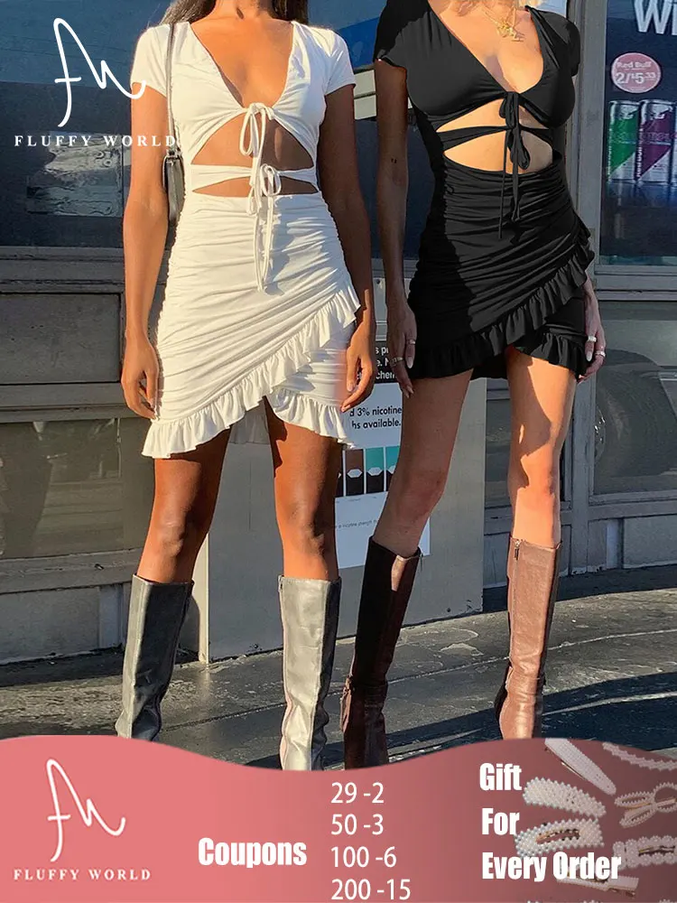 

Summer Women Lace Up V Neck Ruched Bodycon Mini Dress Sexy Party Cut Out Hollow Out Ruffles Sundress Beach Dress FLUFFY WORLD