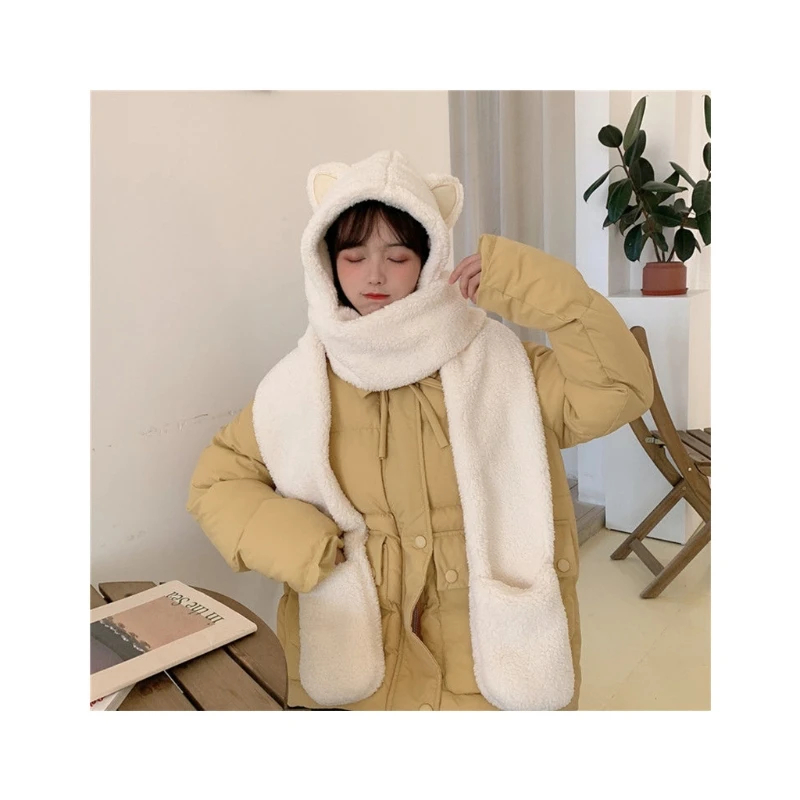 

Women Fluffy Plush Warm 3 In 1 Hooded Scarf Hat Gloves Set Cartoon for Cat Ears Winter Windproof Earflap Cap Pocket Mitt