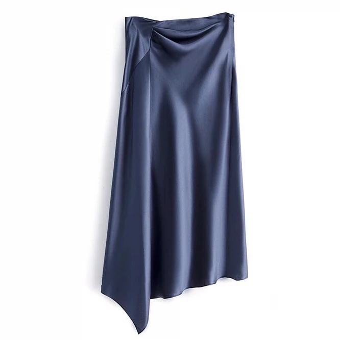 Spring Summer 2022 Midi Skirts Women England Office Lady Satin High Waist Simple Elegant Long Irregular Skirt Women Blue