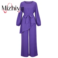 mizhiyu springsummer 2022 2 piece womens chiffon casual activewear o neck extended hem and high waist wide leg loose pants pul