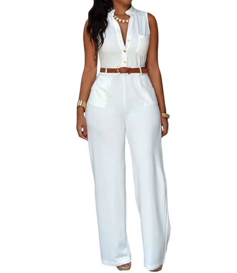Office Lady Solid Colors Jumpsuits with Free Sashes Summer Women V-Neck Sleeveless Casual Commute Long Romper Elegant Streetwear