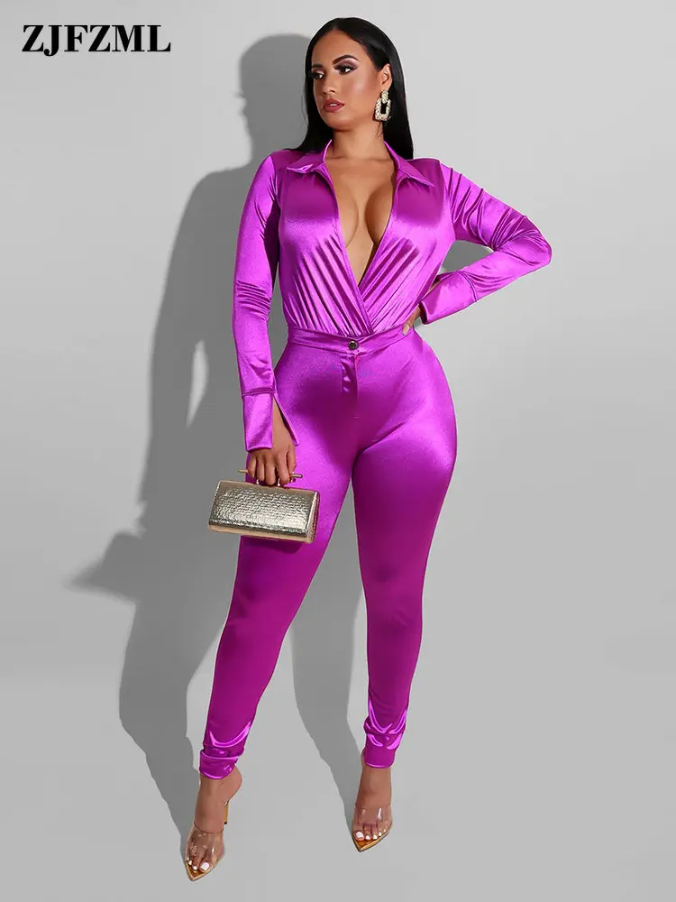 

Women Satin Two Piece Sets Elegant Fashion Festival Clothing 2022 Turn Down Collar Long Sleeve Shirt and High Waist Pencil Pants