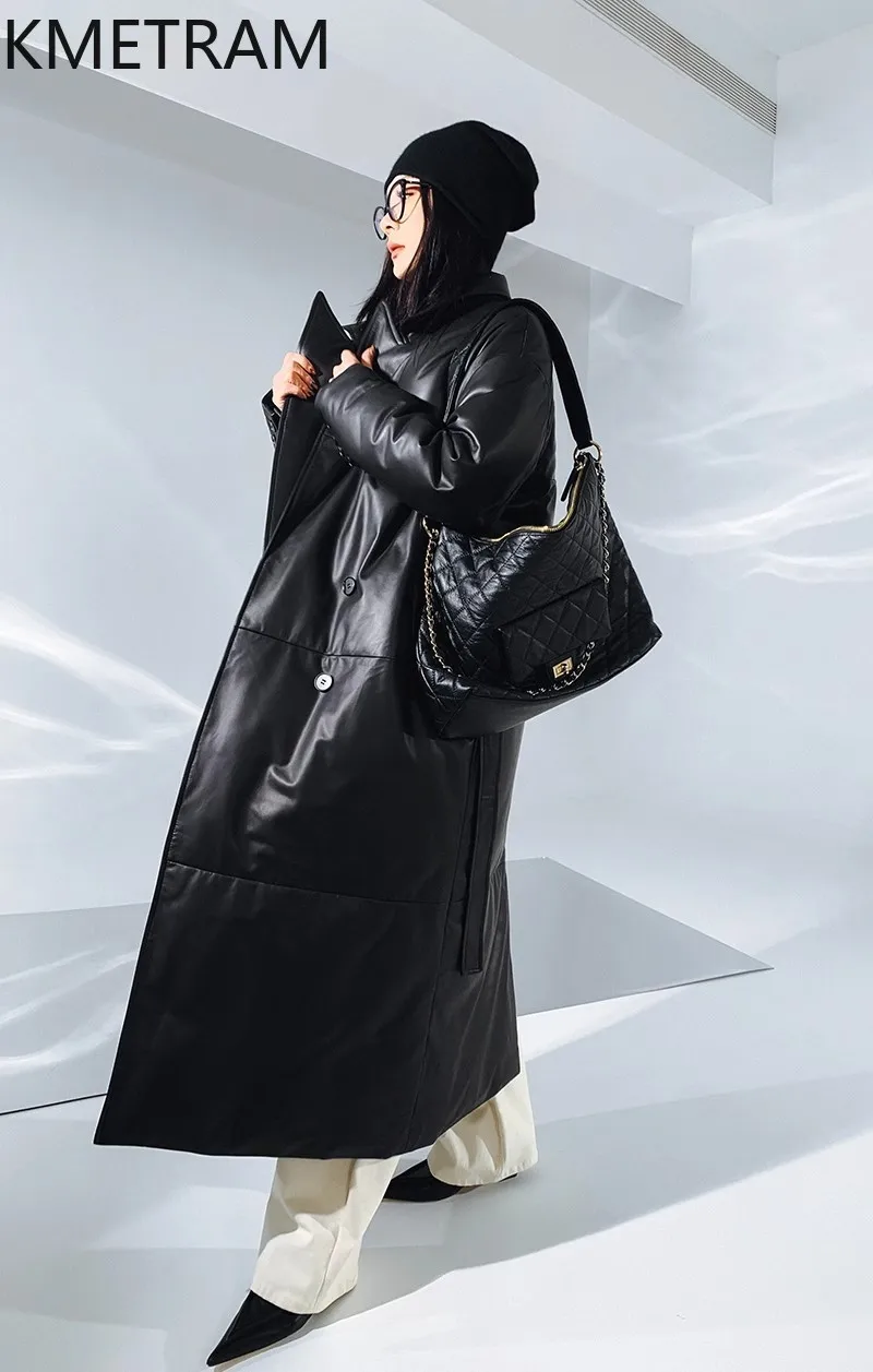 Белая куртка-пуховик из натуральной кожи с гусиным пухом женская одежда длинные