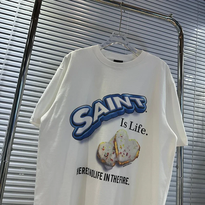

Футболка с коротким рукавом для мужчин и женщин, Повседневная рубашка оверсайз из чистого хлопка с принтом печенья в стиле святого Михаила, белый цвет, 1:1
