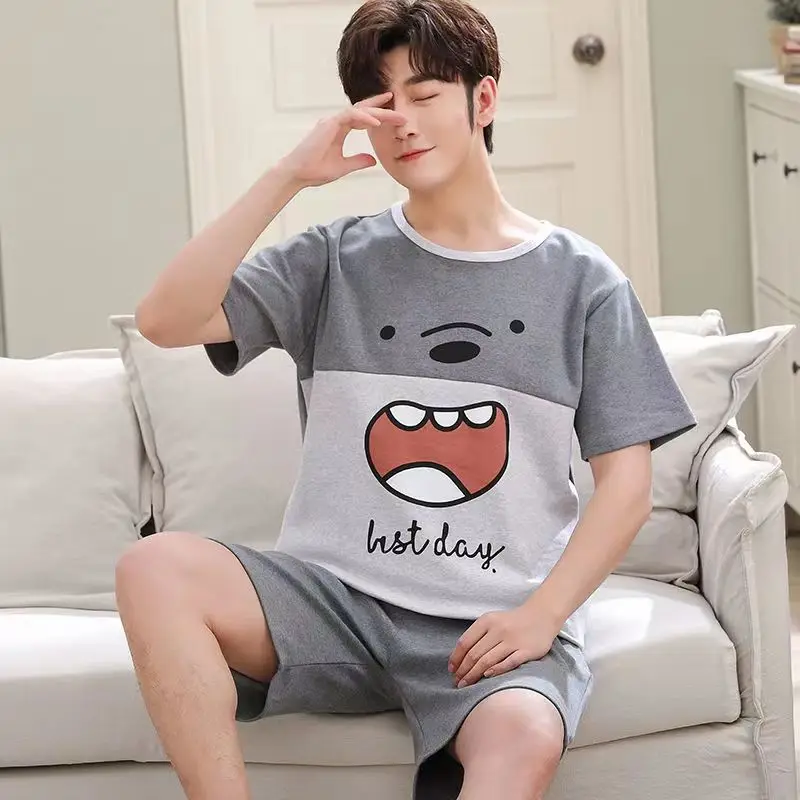 Men Carton Pajamas Set Short Tops with Shorts Japan Anime Pijama Home Clothes for Young Man Nightshirts Casual Pyjama Party Cozy