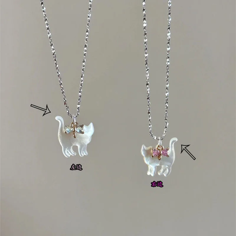 Милое прозрачное ожерелье с подвеской в виде кота и стразами посеребренная