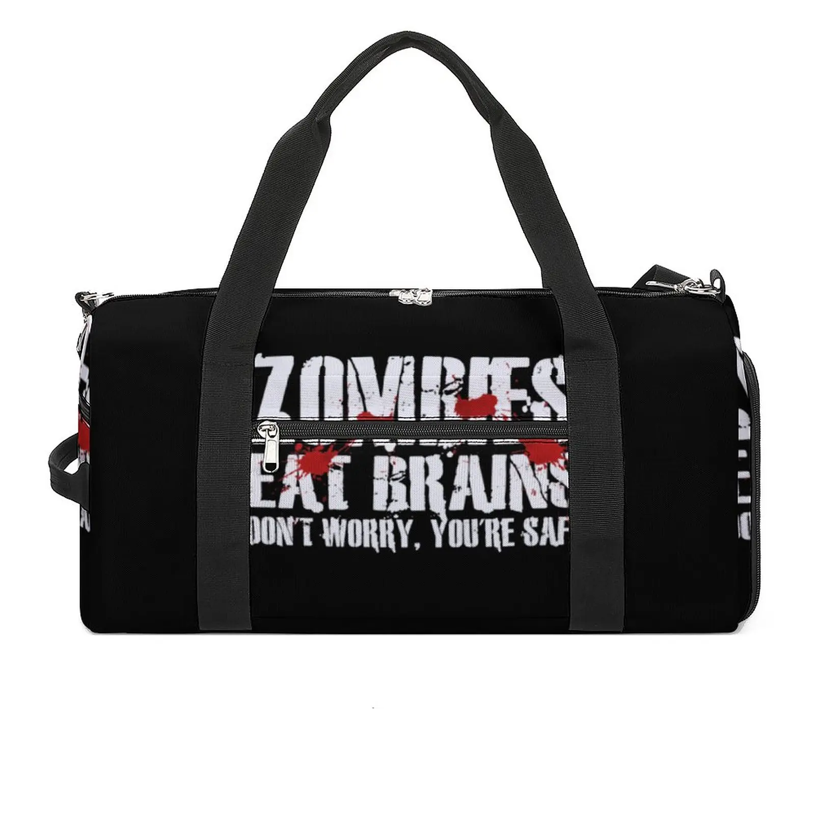 

Zombies Eat Brains Sport Bags Dont Worry You Are Safe Large Gym Bag Weekend Male Female Design Handbag Luggage Retro Fitness Bag