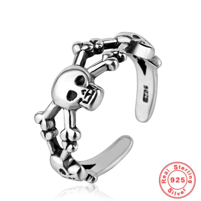 

925 Sterling Silver Punk Rock Retro Kull Face Open Rings for Women European and American Irregular Vintage Personality Ring