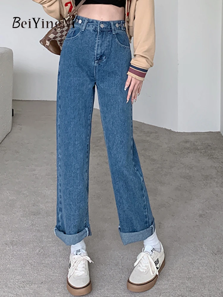 

Beiyingni Korean Fashion Jeans Women Vintage Y2K Buttons Pockets Wide Leg Denim Pants Girls Loose Harajuku Streetwear BF Jean