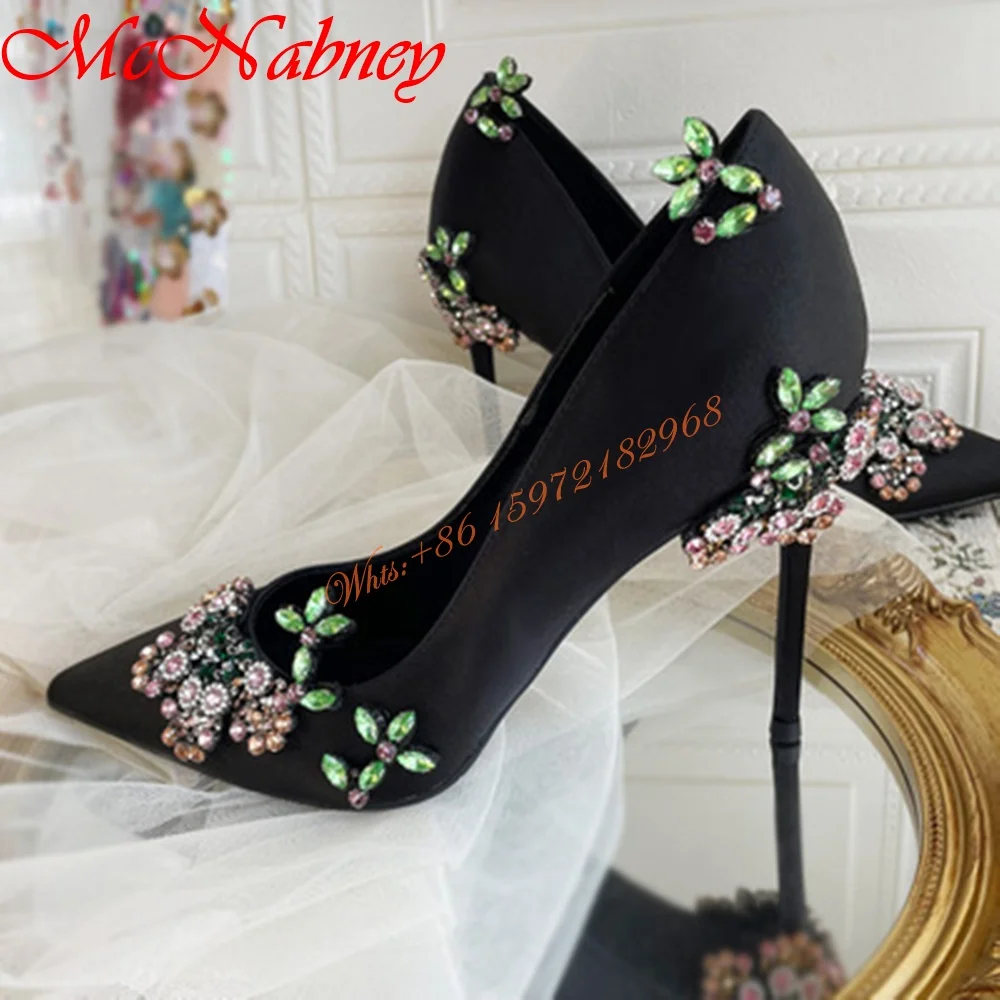 Customized Satin Pointed Toe Pumps High-Heeled Dimensional Heavy Industry Colorful Rhinestone Flower Banquet Shoes Shallow Pumps