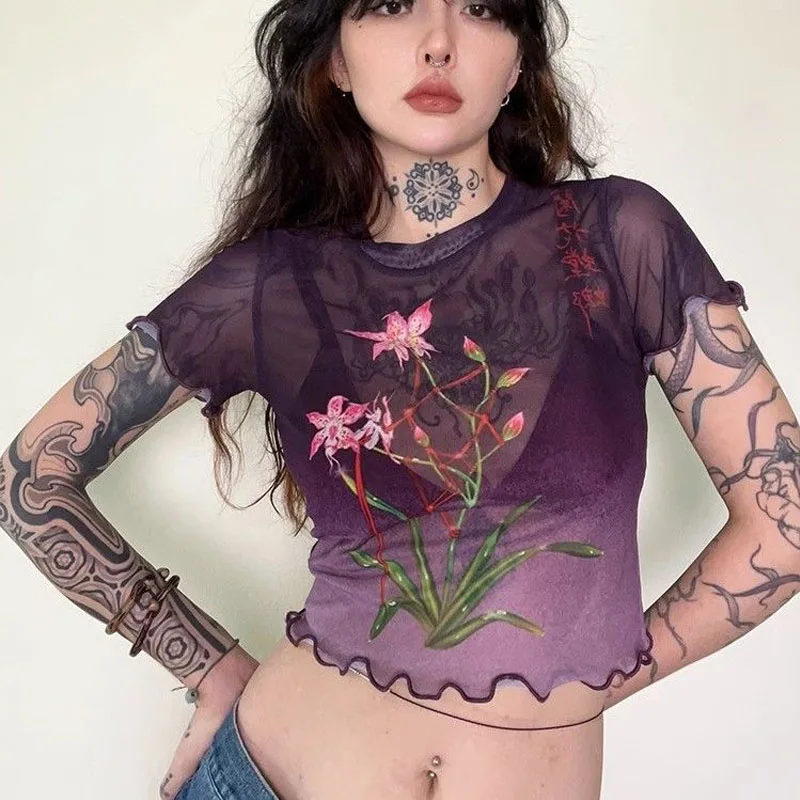 Оригинальная летняя женская футболка из сетчатой пряжи с принтом орхидеи