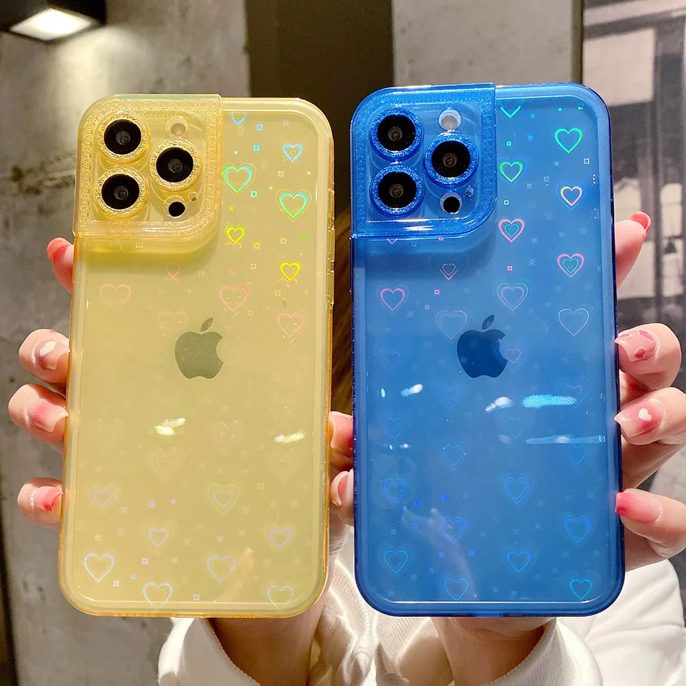 

Fluorescent Clear Phone Case For iPhone 13 Case Love Heart Laser iPhone 12 Mini 11 Pro Max X XR XS Max 7 8 Plus SE2 Soft Covers