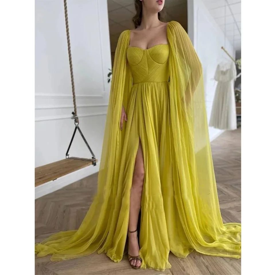 

Ginger Yellow Chiffon Formal Party Dresses With Cape Sexy High Split A-line Long Prom Gowns Modest Women Maxi Dress