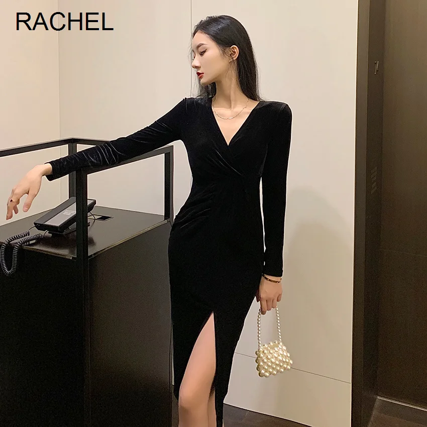 

Женская одежда 2021 Ранняя осень французское бархатное платье средней длины с поясом пикантное французское платье с V-образным вырезом Rac